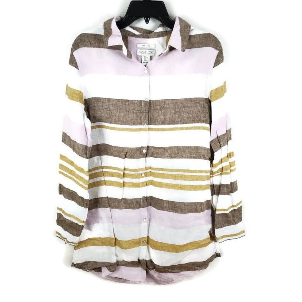 Rachel Zoe Striped Button-Up Blouse in Brown, White, Pale Pink & Mustard